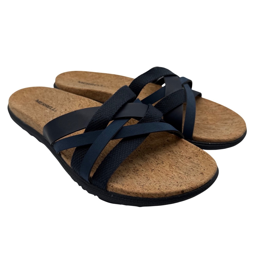 Merrell Women's Navy Blue Crossband Slide Sandals with Cork Footbed Size 10